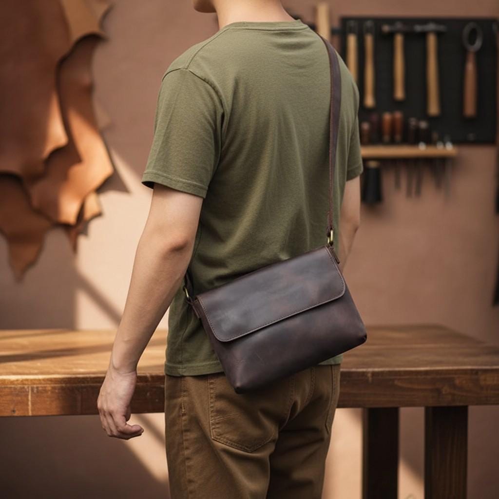 Leather Crossbody Bag for Men – Brown Vintage Cowhide Shoulder Satchel for 7.9" iPad & Everyday Carry