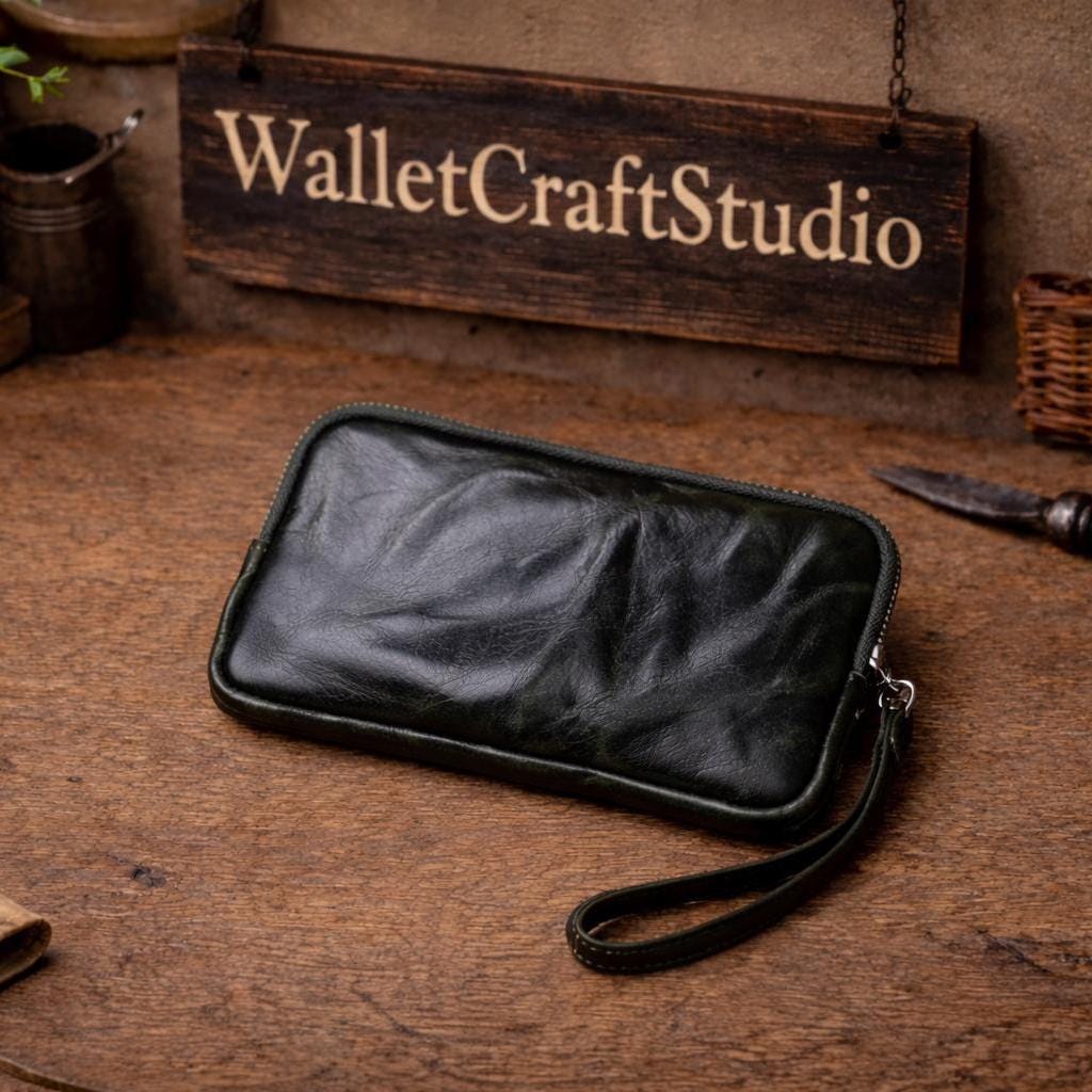 Vintage Genuine Leather Long Wallet for Men & Women – Top Layer Cowhide Zipper Clutch, Phone Pocket Card Holder