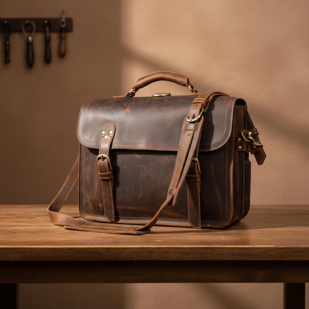 Vintage Crazy Horse Leather Briefcase 15.6 Inch Laptop Bag, Men's Business Shoulder Bag, Full Grain Cowhide Messenger Bag