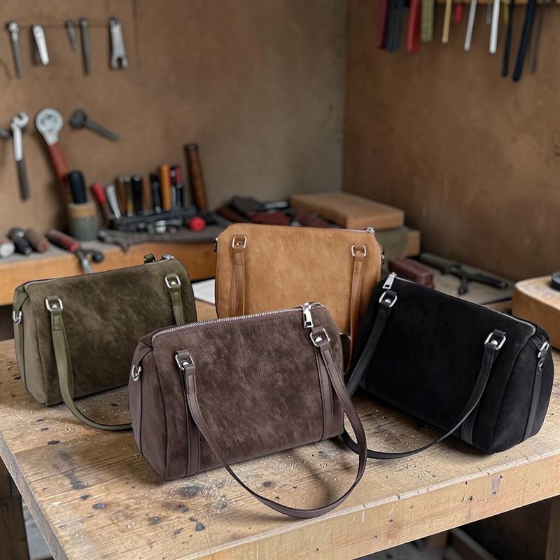 Genuine Suede Leather Shoulder Bag for Women – Vintage Cowhide Crossbody Boston Purse