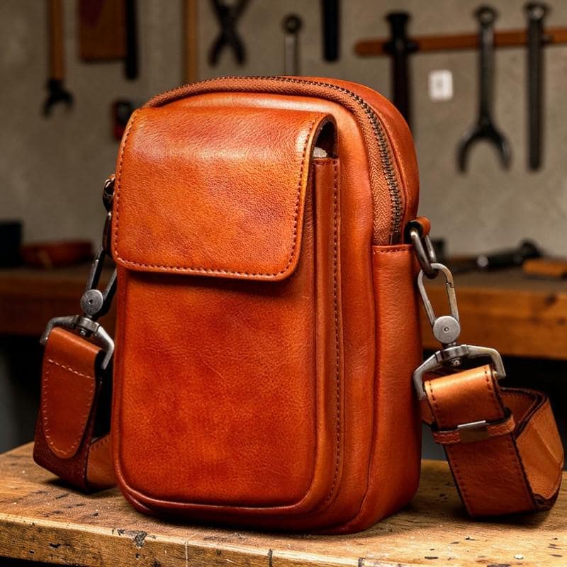 Vegetable Tanned Leather Shoulder Bag, Men's Crossbody Phone Bag, Vintage Leather Messenger, Small Satchel for Men, Minimalist Leather Pouch