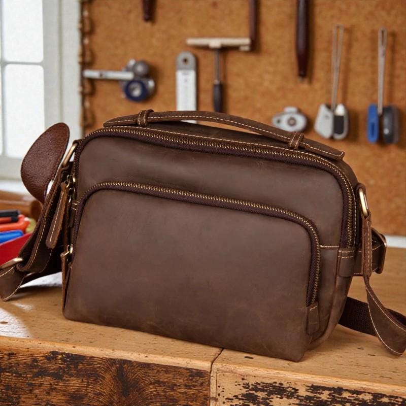 Crazy Horse Leather Messenger Bag, Men's Leather Shoulder Bag, Vintage Satchel for Men, Retro Crossbody Bag, Full Grain Leather Work Bag