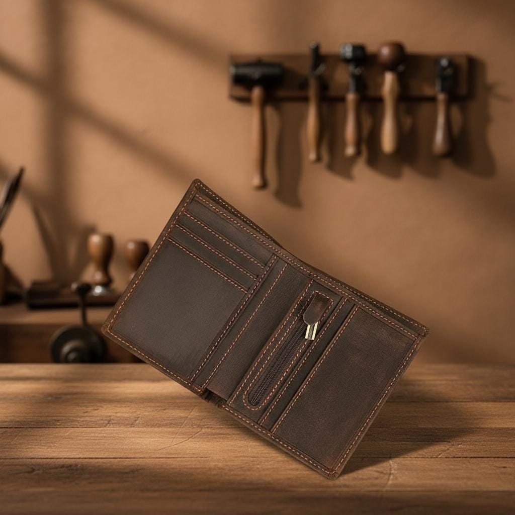 Mens Bifold Genuine Leather Wallet, Slim Cowhide Short Wallet with Coin Pocket, Minimalist Brown Leather Card Holder for Men