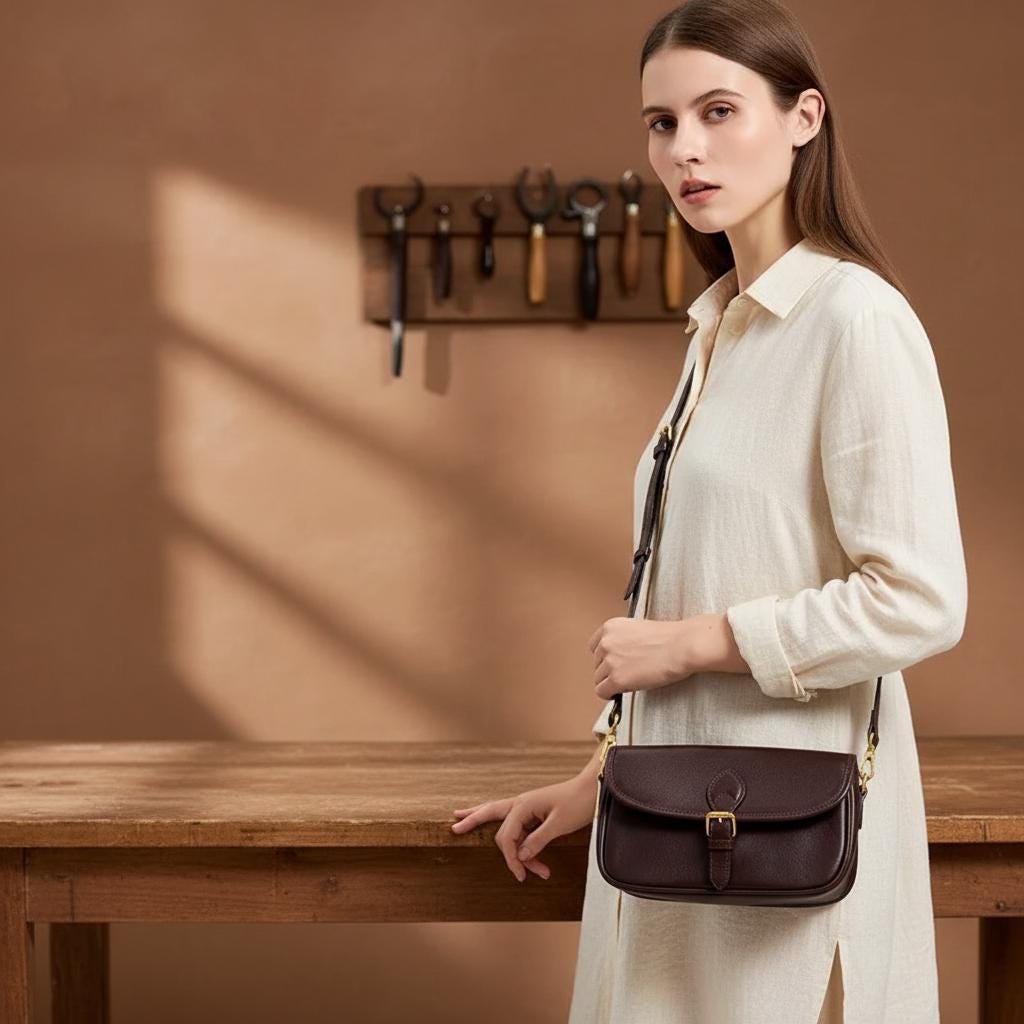 Structured Vintage Leather Messenger Bag – Genuine Cowhide Mini Shoulder Satchel for Women, Classic Crossbody Purse