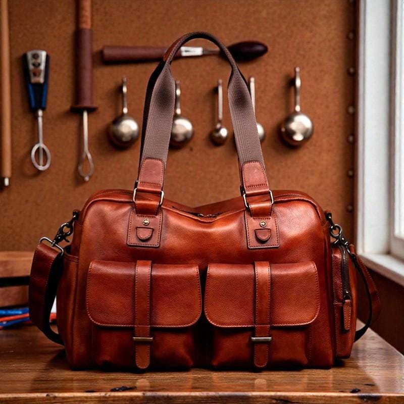 Large Leather Travel Bag for Men, Genuine Leather Weekender Bag, Burgundy Business Handbag, Men's Overnight Bag, Vintage Shoulder Bag