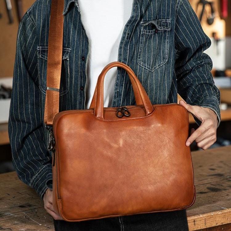 Leather Briefcase for Men, Vegetable Tanned Laptop Bag, Genuine Leather Business Bag, Professional Work Satchel, Vintage Office Attache