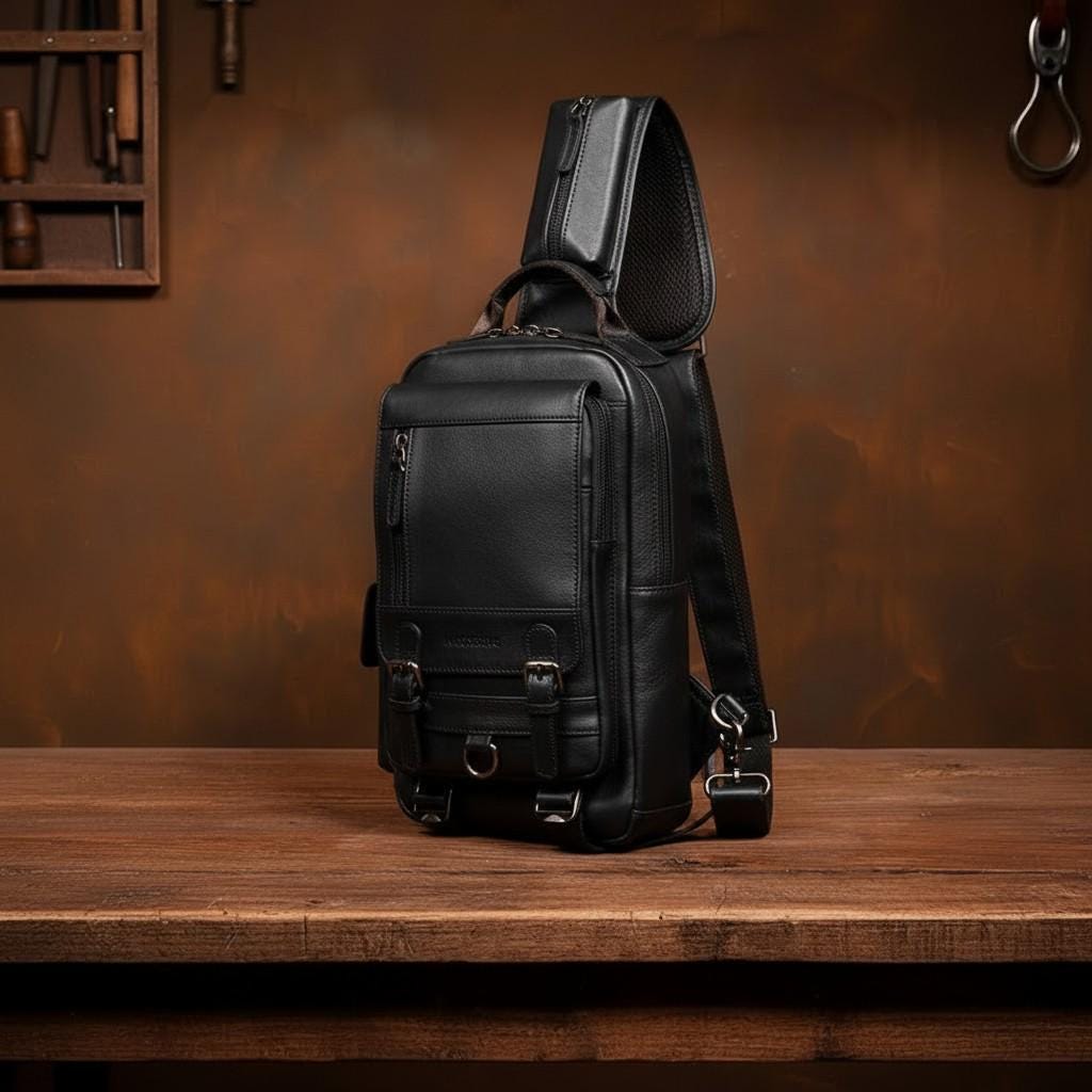 Men's Genuine Leather Chest Bag, Vintage Sling Crossbody Backpack, Cowhide Single Shoulder Bag, Casual Everyday Travel Pack