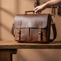Vintage Genuine Cowhide Leather Briefcase for Men, Brown A4 Laptop Bag 14-15 Inch, Classic Office Messenger Shoulder Bag