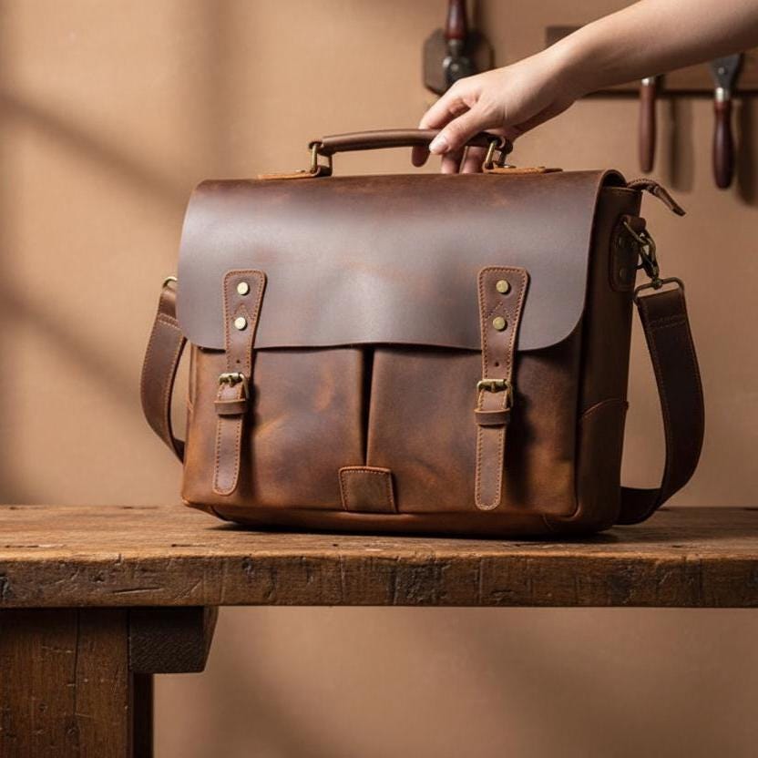Vintage Genuine Cowhide Leather Briefcase for Men, Brown A4 Laptop Bag 14-15 Inch, Classic Office Messenger Shoulder Bag