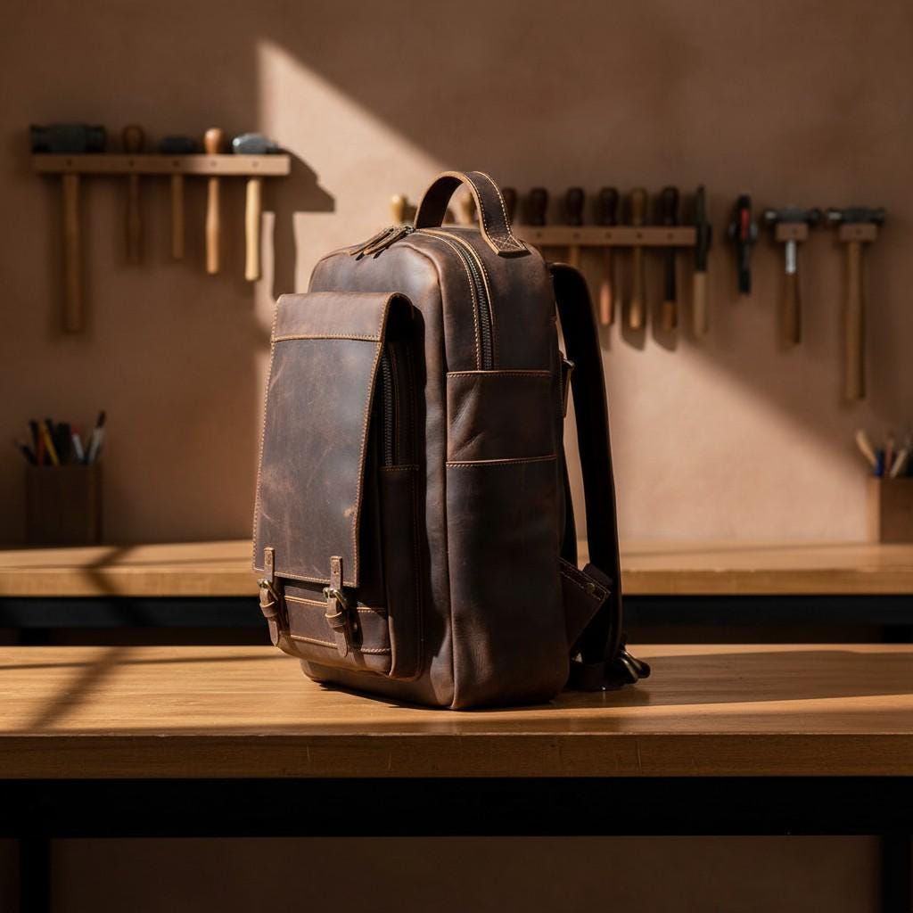 Genuine Leather Laptop Backpack 15.6" – Dark Brown Crazy Horse Vintage Work & Travel Rucksack