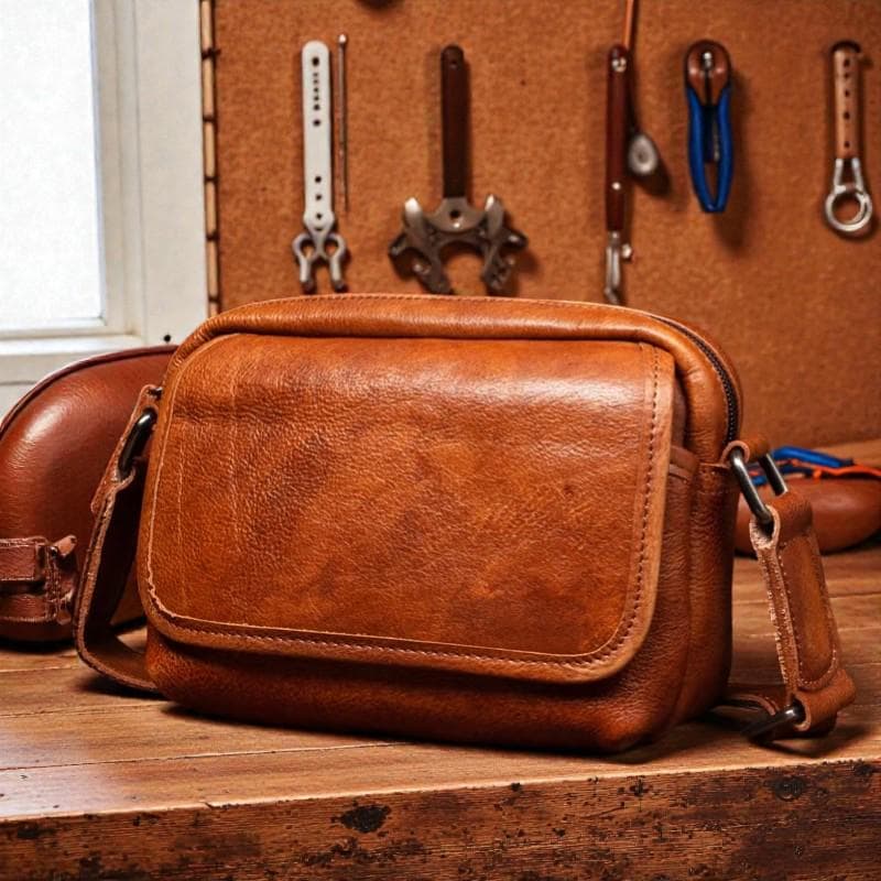 Retro Vegetable Tanned Leather Messenger Bag for Men, Small Vintage Crossbody Shoulder Bag, Compact Commuter Bag