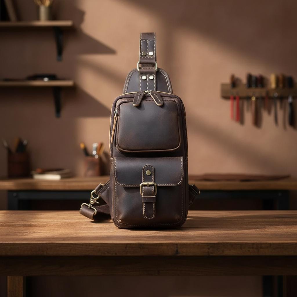 Men's Genuine Leather Chest Bag Vintage Dark Brown Crossbody Sling Bag Top Grain Cowhide Shoulder Bag for Travel & Everyday
