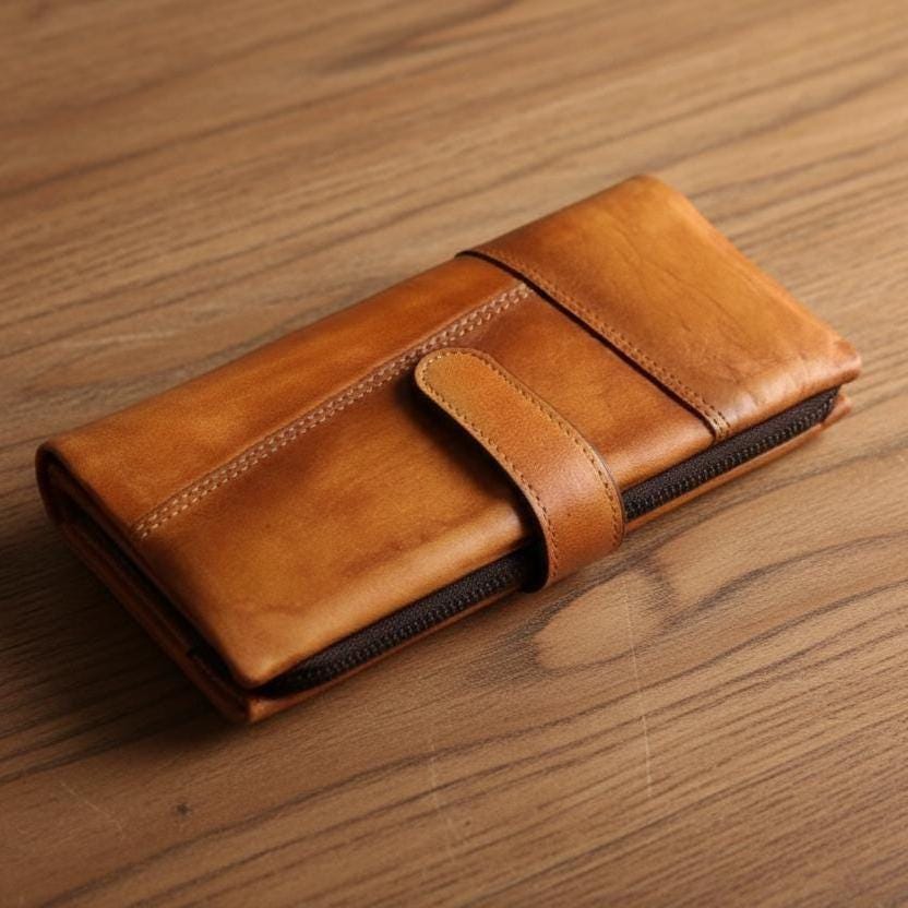 Vintage Full Grain Leather Long Wallet for Men – Crazy Horse Oil Wax Zipper Clutch Wallet, Travel Organizer Card Holder