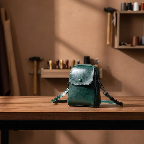 Compact Vertical Leather Crossbody Bag – Genuine Cowhide Phone Shoulder Purse with Flap Pocket for Women