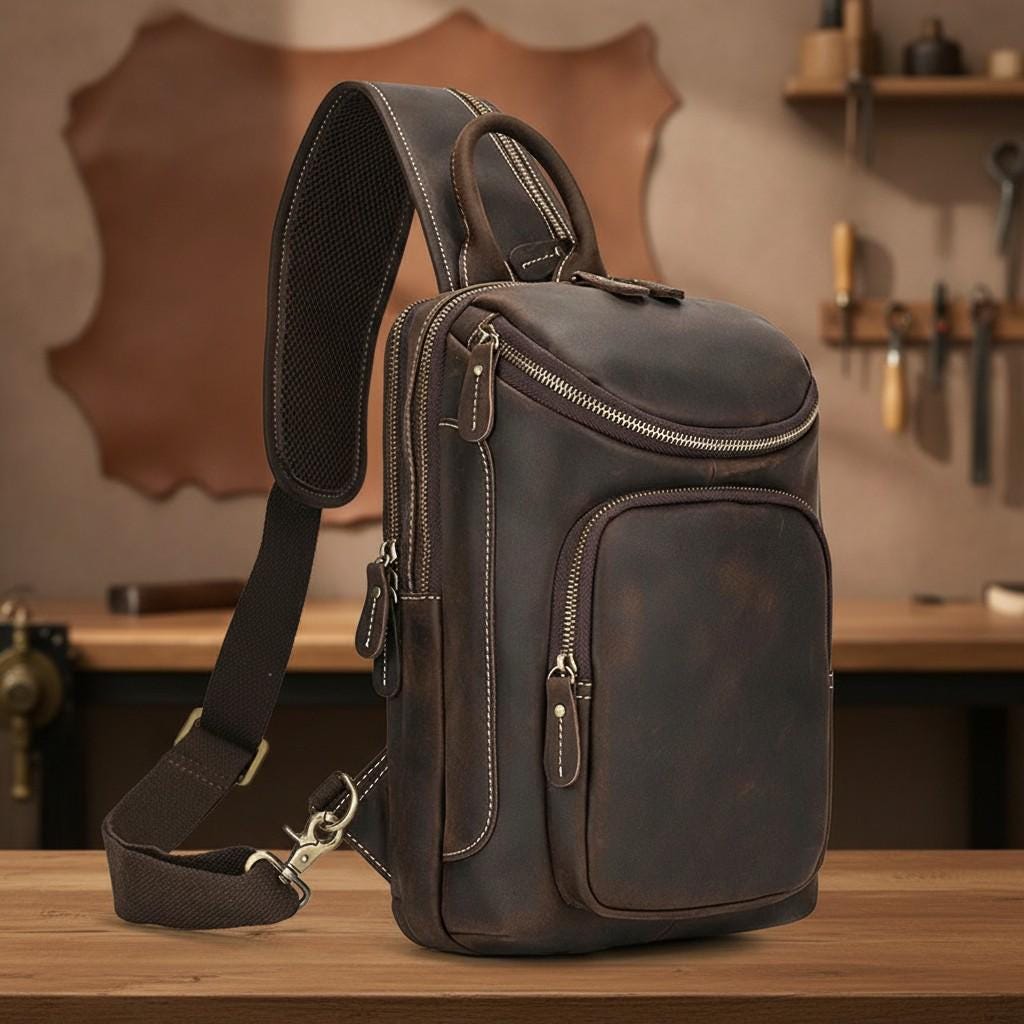 Genuine Leather Chest Bag for Men – Vintage Crazy Horse Sling Backpack Crossbody Travel EDC Shoulder Bag