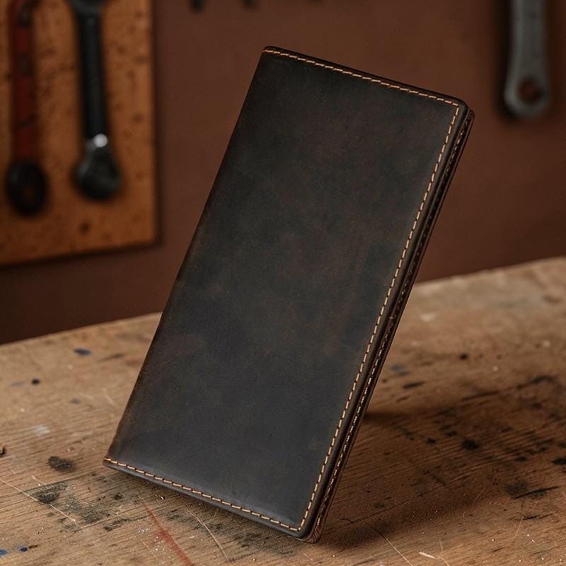 Men’s Genuine Leather Long Wallet – Crazy Horse Cowhide Bifold Wallet, Slim Card Holder, Vintage Leather Wallet for Men