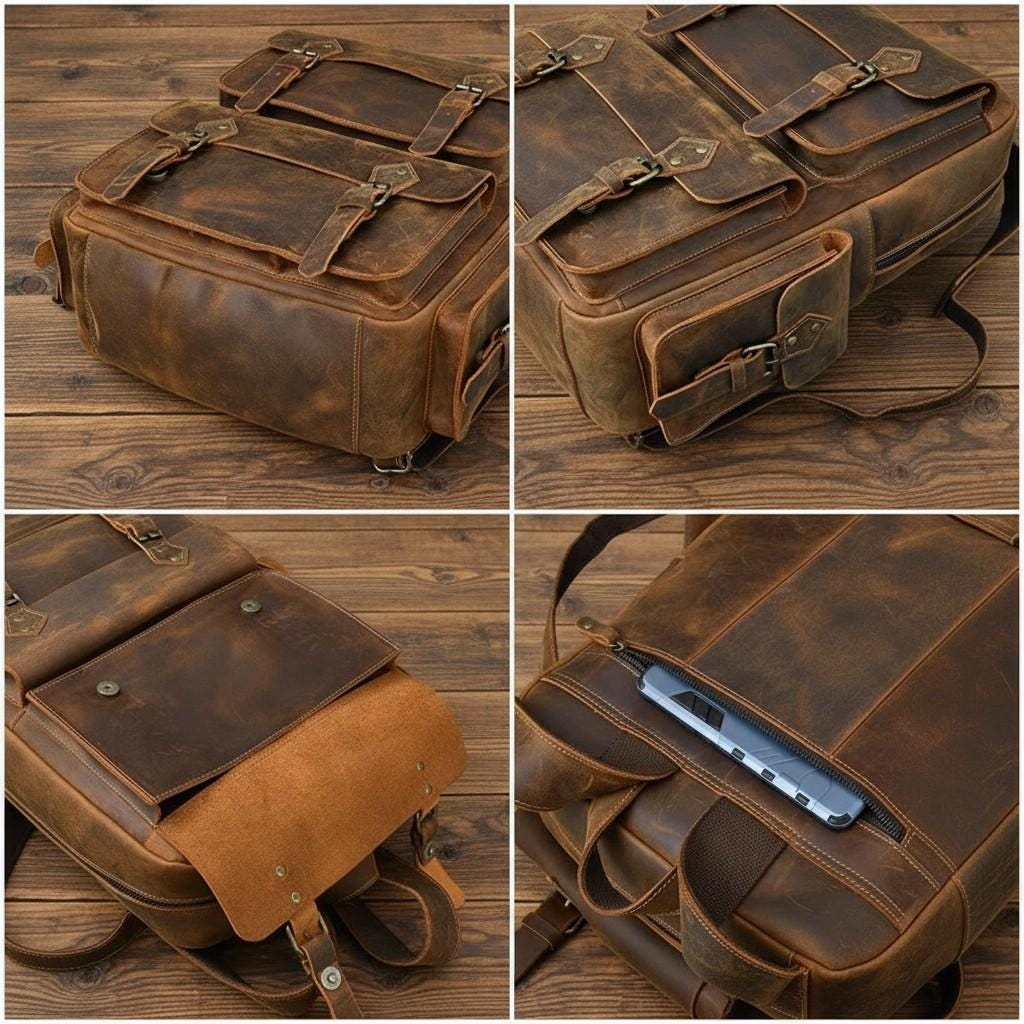 Backpack 17" Laptop Bag – Vintage Brown Genuine Cowhide Travel Rucksack for Work & School