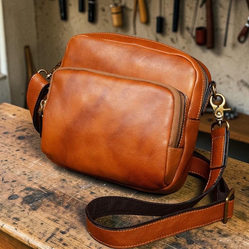 Men's Genuine Leather Crossbody Bag – Small Shoulder Messenger Bag, First Layer Cowhide Phone Bag, Vintage Everyday Travel Purse