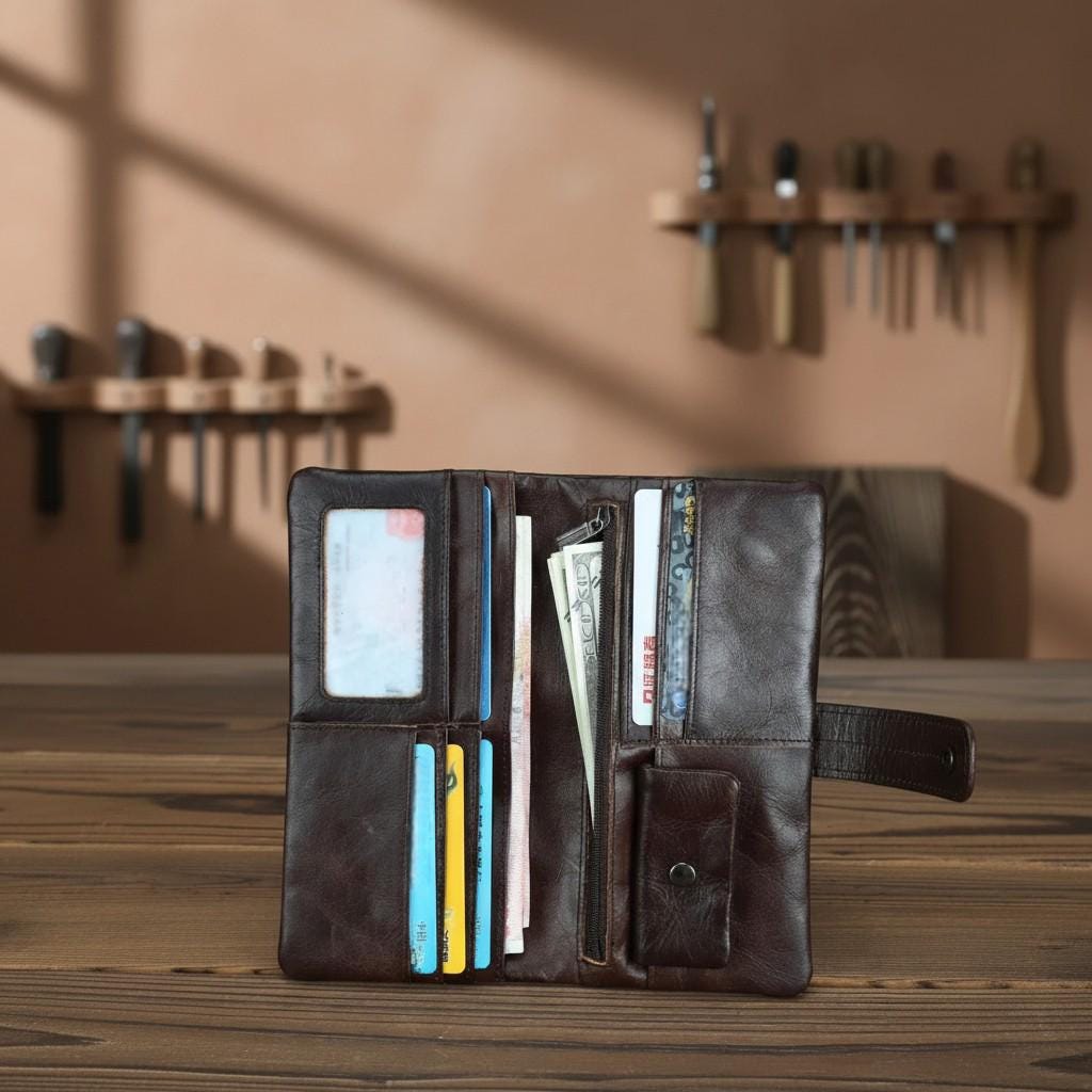 Leather Wallet for Men & Women – Vintage Bifold Clutch Purse with Strap Closure, Slim Card Holder