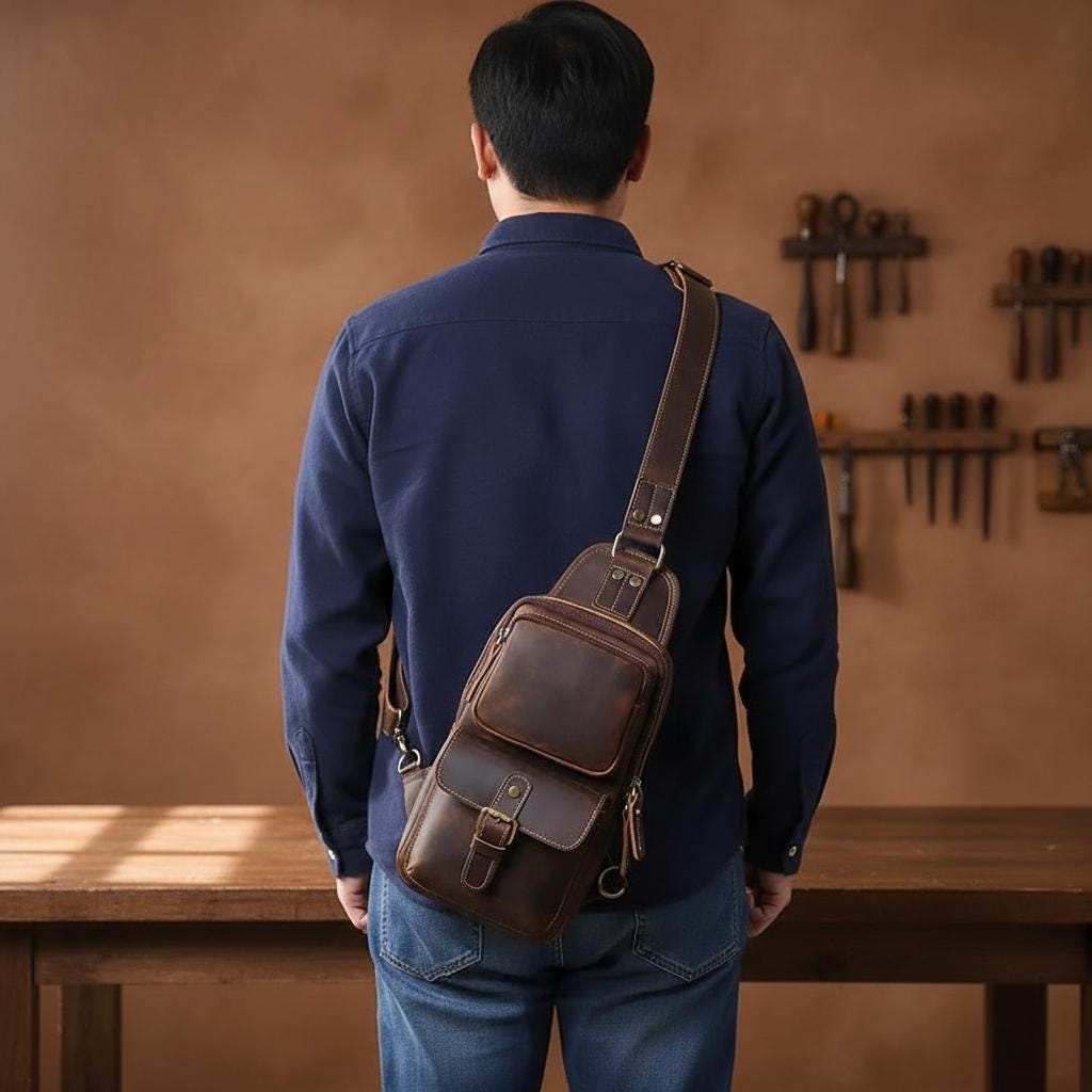 Men's Genuine Leather Chest Bag Vintage Dark Brown Crossbody Sling Bag Top Grain Cowhide Shoulder Bag for Travel & Everyday