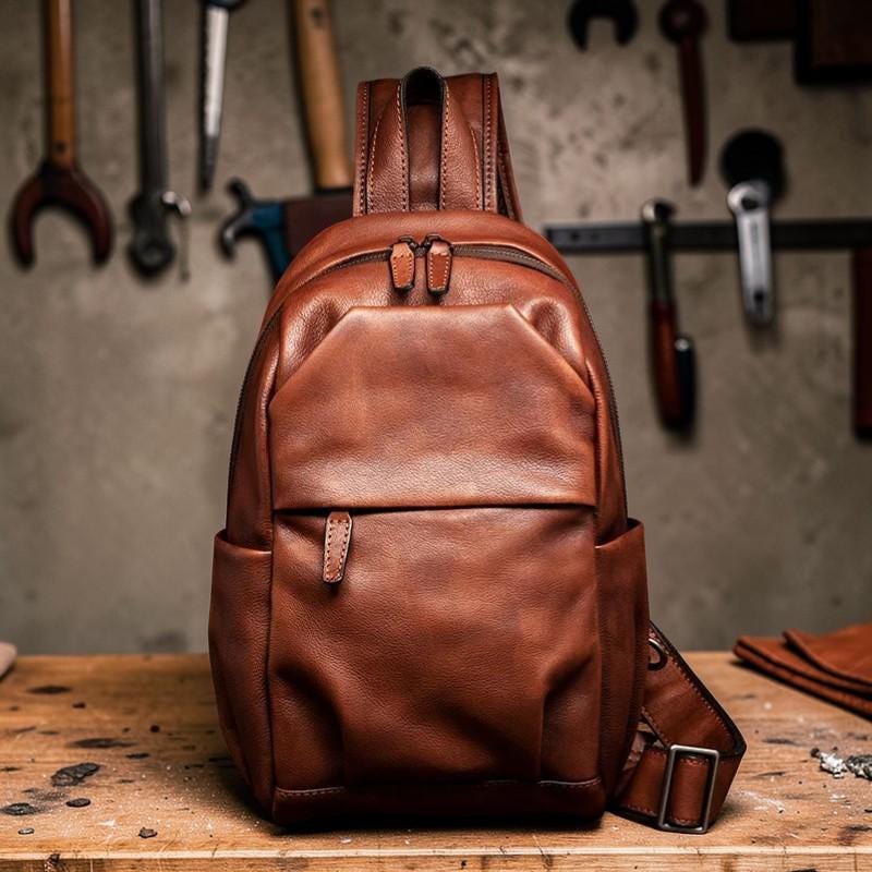 Men’s Genuine Leather Chest Bag – Vintage Sling Backpack, Crossbody Backpack, Large Capacity Cowhide Shoulder Bag for Travel
