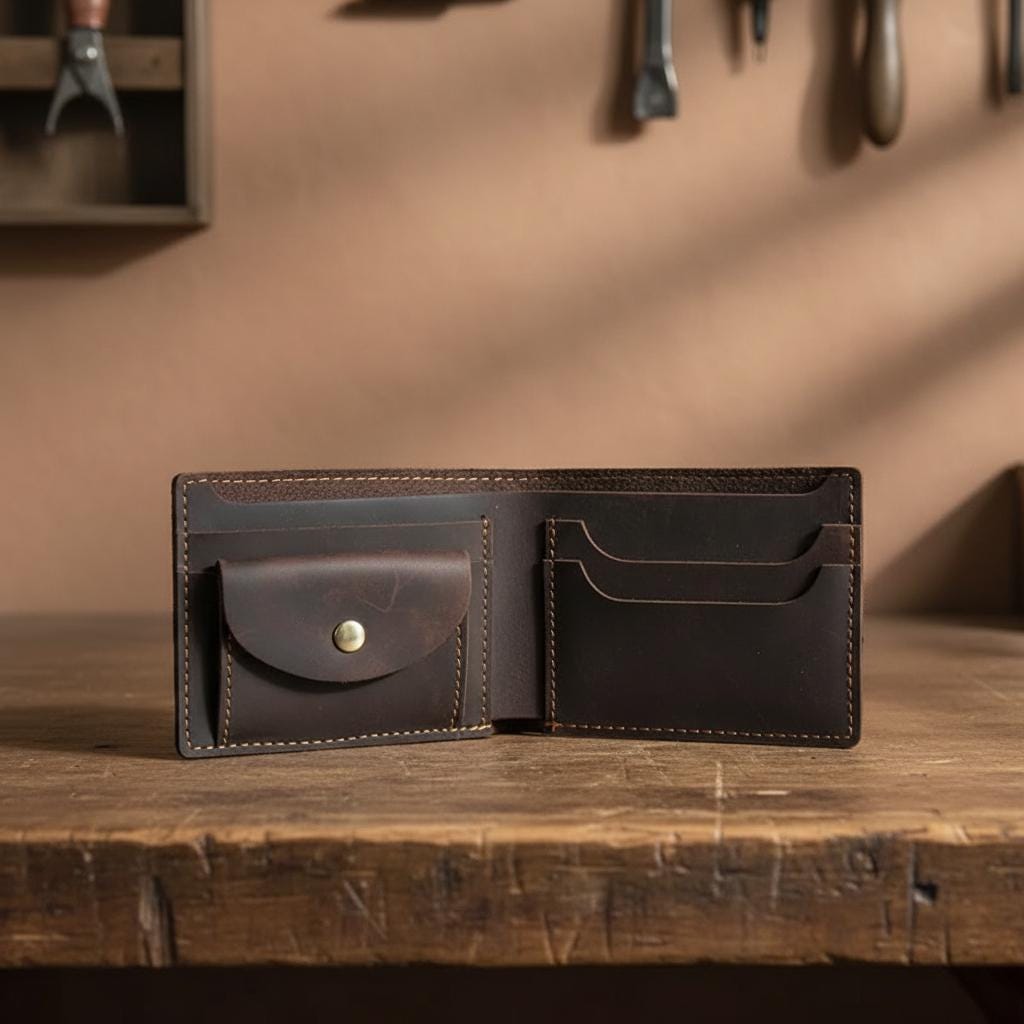 Mens Bifold Genuine Leather Wallet, Slim Cowhide Short Wallet with Coin Pocket, Minimalist Brown Leather Card Holder for Men