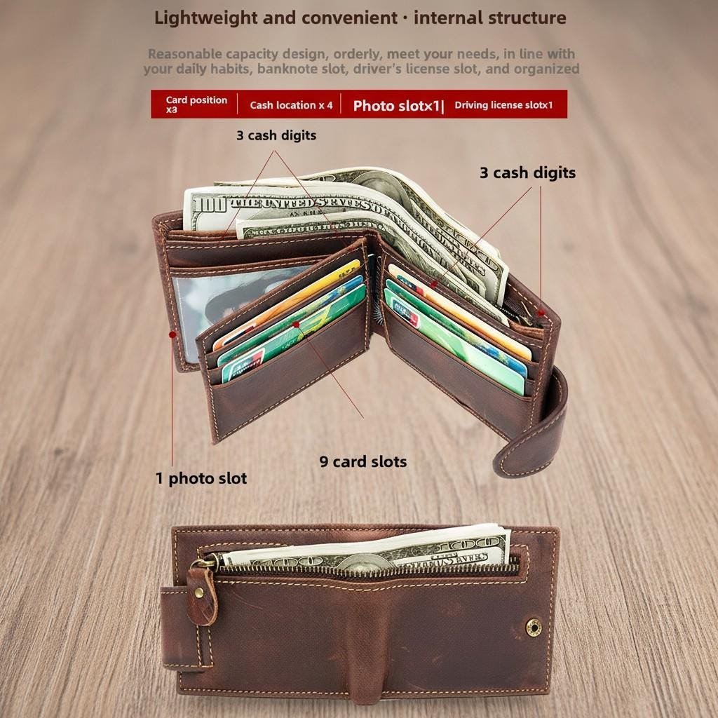 Genuine Leather Bifold Wallet for Men – Crazy Horse Vintage Short Wallet with Zipper Coin Pocket