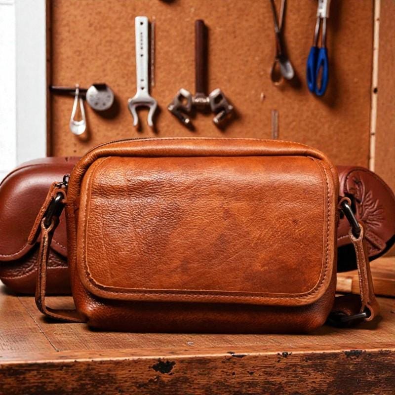 Retro Vegetable Tanned Leather Messenger Bag for Men, Small Vintage Crossbody Shoulder Bag, Compact Commuter Bag
