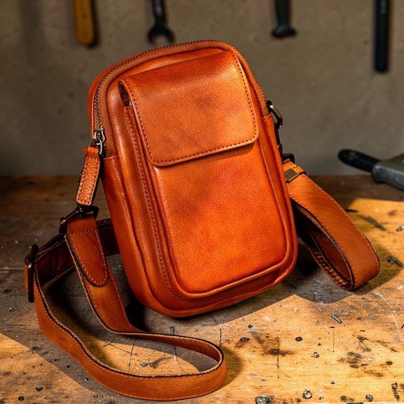 Vegetable Tanned Leather Shoulder Bag, Men's Crossbody Phone Bag, Vintage Leather Messenger, Small Satchel for Men, Minimalist Leather Pouch