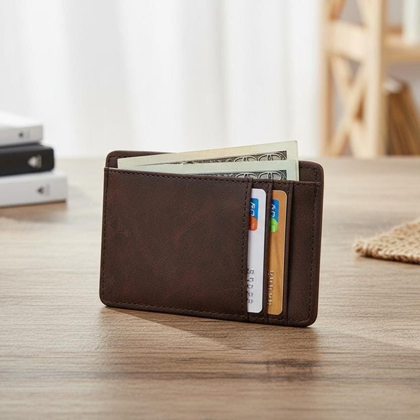 Vegan Leather Slim Card Holder Wallet, Ultra Thin Minimalist Credit Card Case for Men Women, Small Brown Pocket Wallet