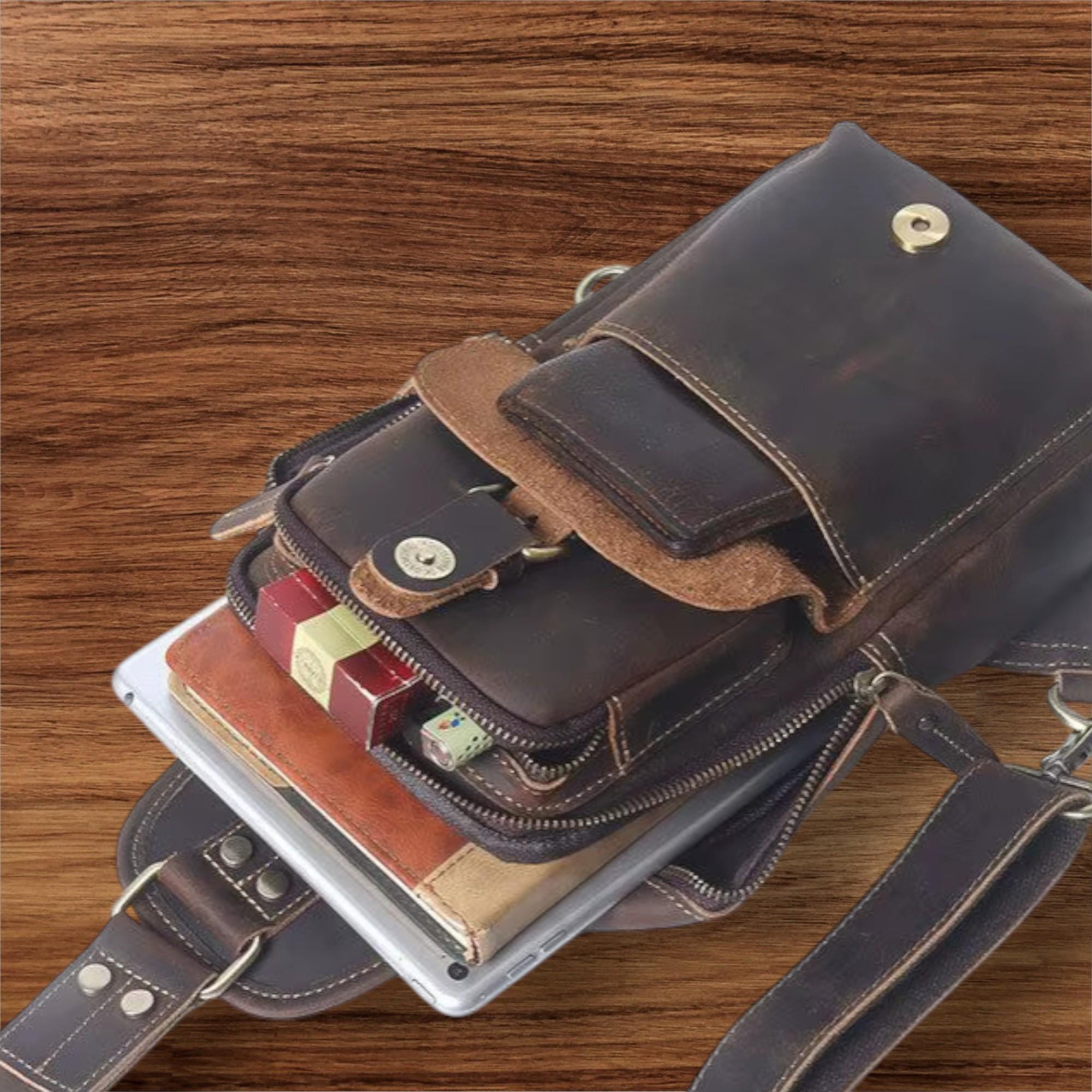 Men's Genuine Leather Chest Bag Vintage Dark Brown Crossbody Sling Bag Top Grain Cowhide Shoulder Bag for Travel & Everyday