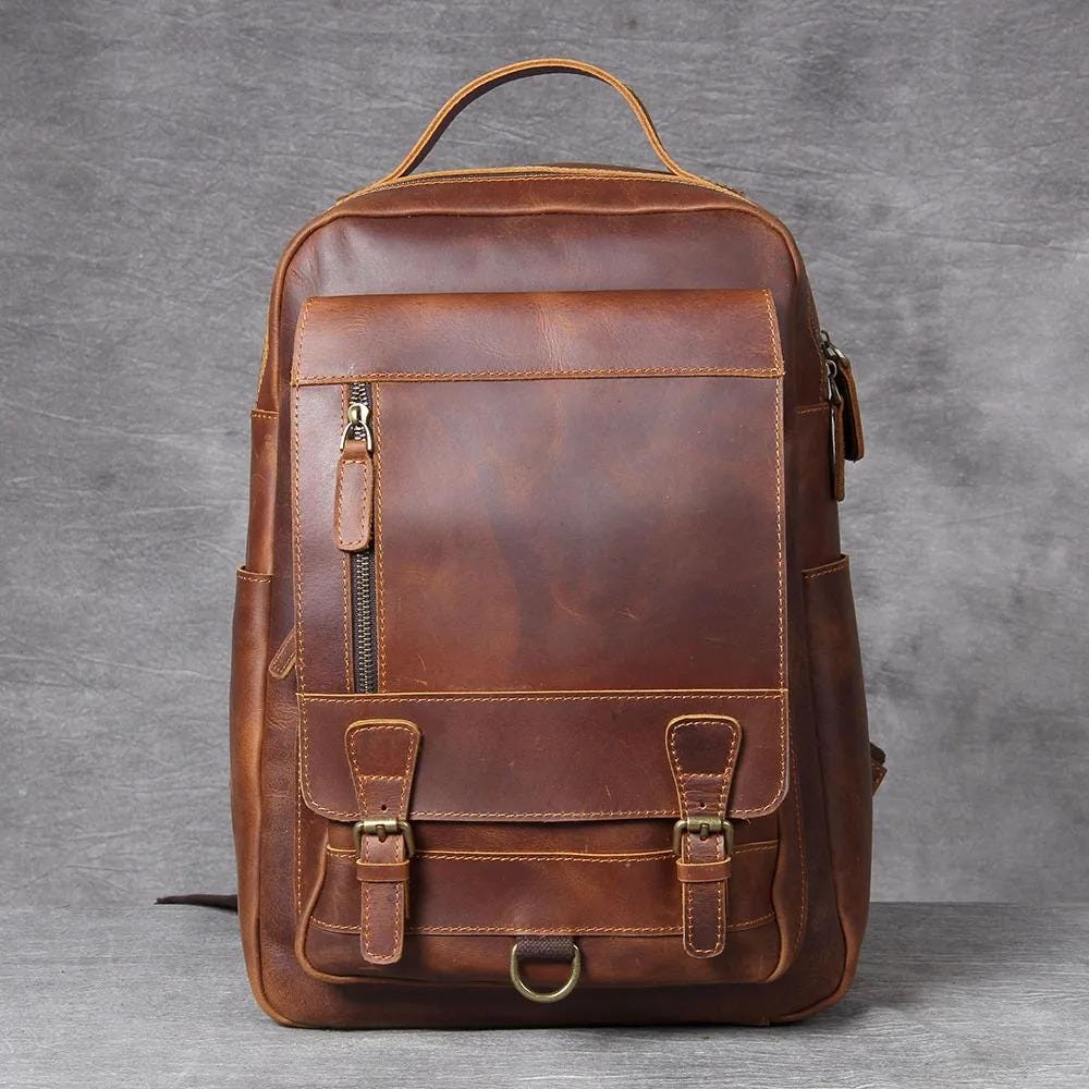 Genuine Leather Laptop Backpack 15.6" – Dark Brown Crazy Horse Vintage Work & Travel Rucksack