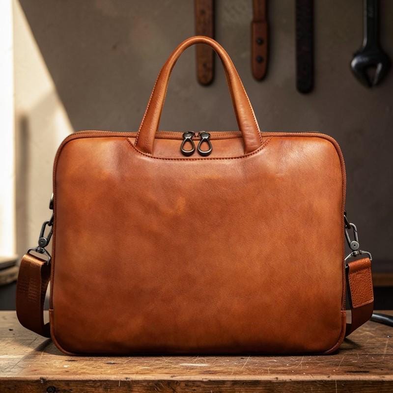 Leather Briefcase for Men, Vegetable Tanned Laptop Bag, Genuine Leather Business Bag, Professional Work Satchel, Vintage Office Attache