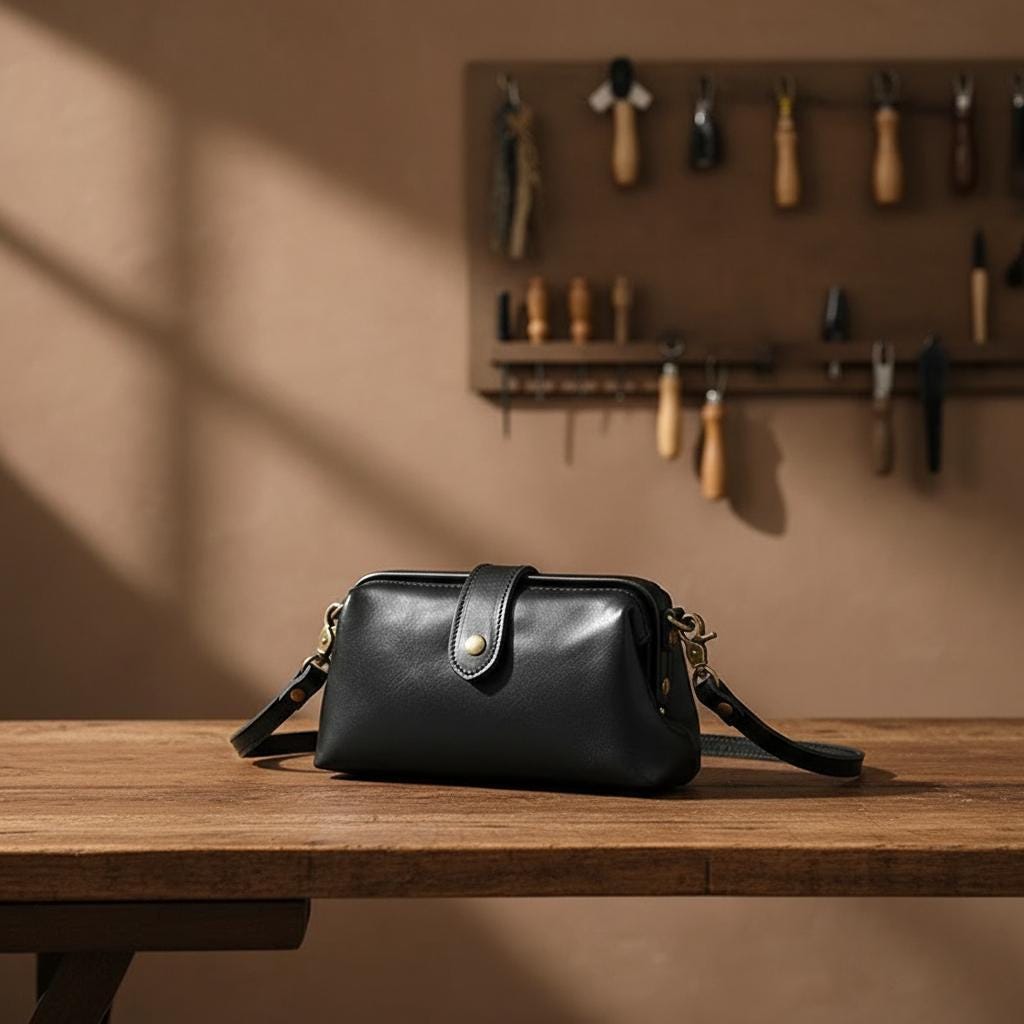 Genuine Leather Women Crossbody Bag – Small Cowhide Shoulder Purse, Handmade Brown Leather Clutch with Strap, Everyday Minimalist Bag