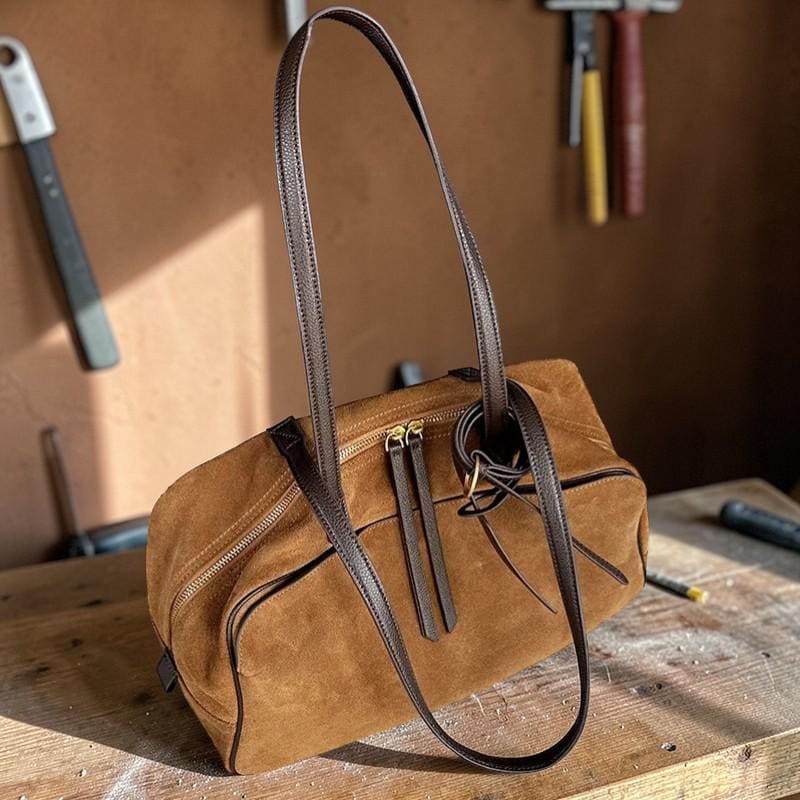 Suede Leather Bowling Tote Bag for Women – Chic Shoulder Handbag