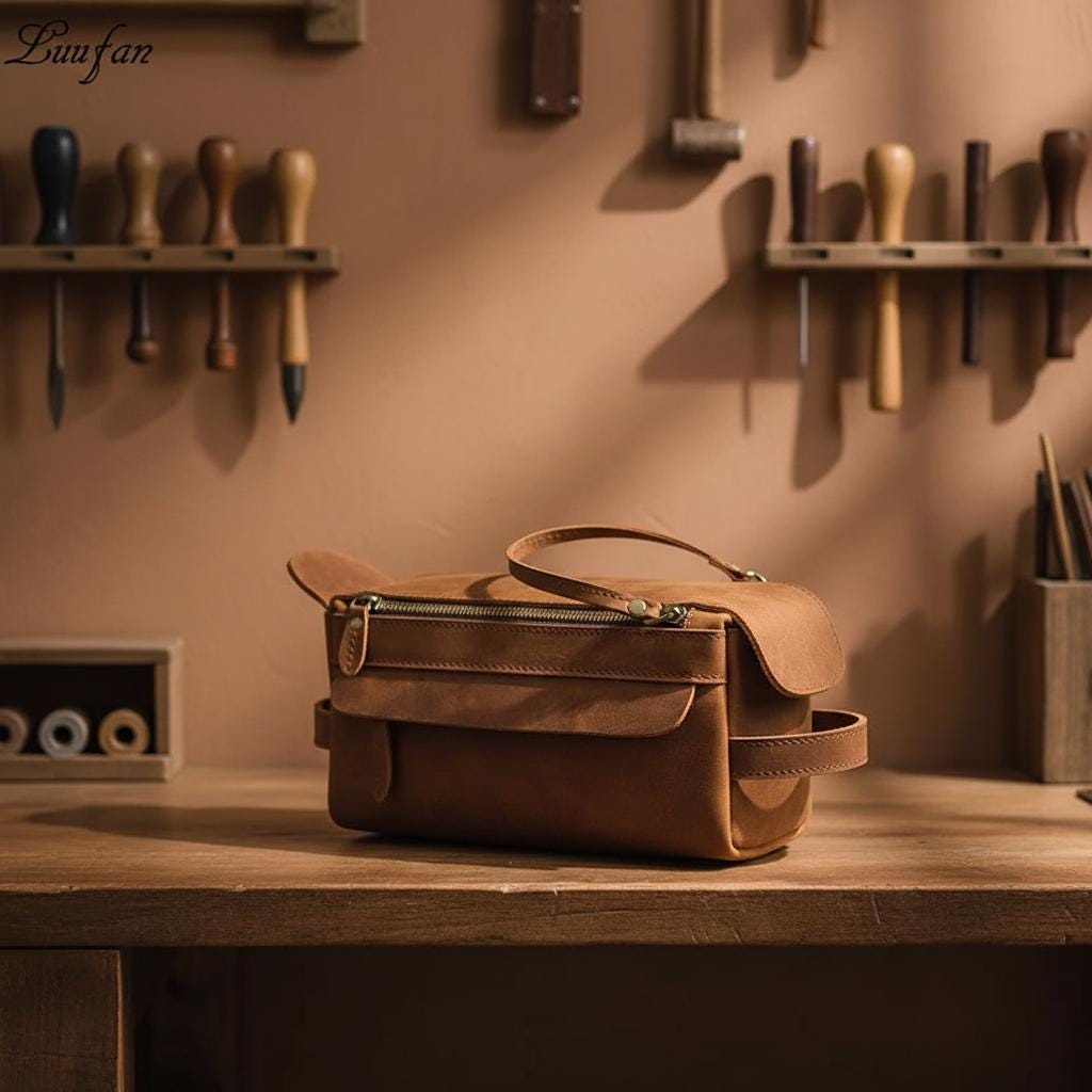 Horse Leather Travel Toiletry Bag, Vintage Genuine Leather Clutch Pouch, Unisex Dopp Kit Organizer