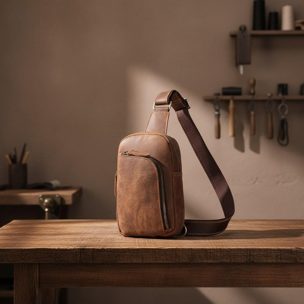 Leather Men's Chest Bag, Vintage Crazy Horse Sling Bag, Premium Cowhide Crossbody Travel Backpack