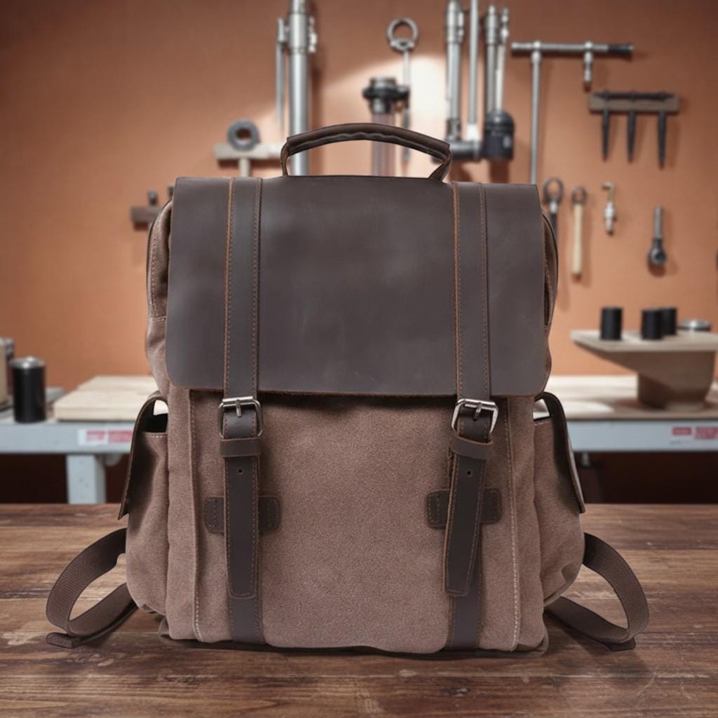 Vintage Canvas Leather Backpack – Unisex Travel Backpack, Military Laptop Backpack, Large Capacity Hiking Bag, Canvas Rucksack