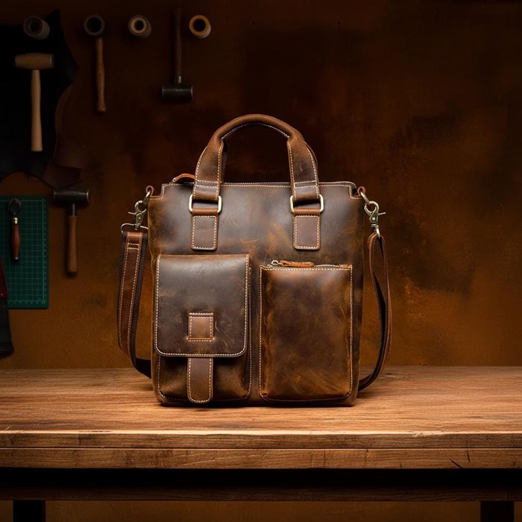 Vintage Crazy Horse Genuine Leather Briefcase for Men, Brown Laptop Shoulder Bag, Handmade Business Crossbody Messenger Bag