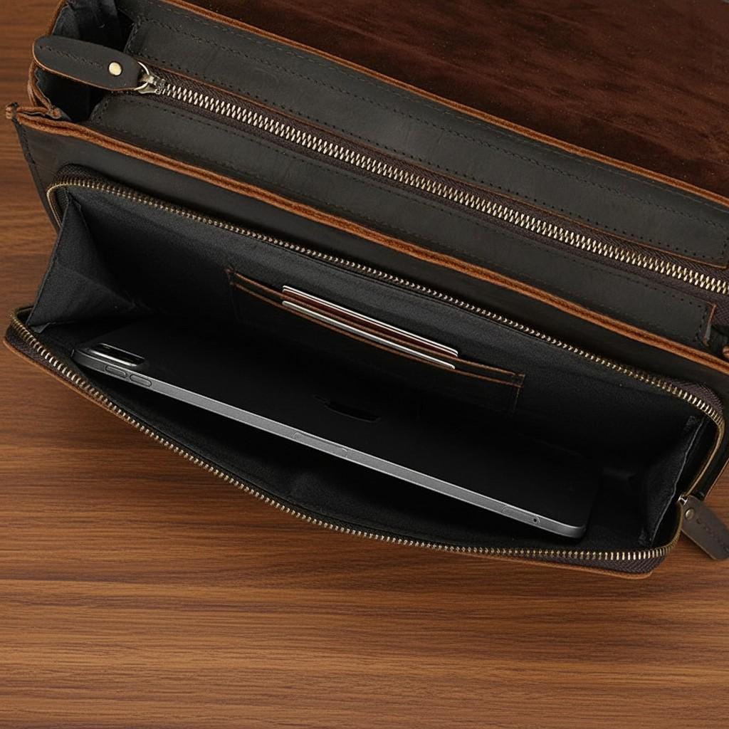 Unisex Genuine Leather Briefcase 14'' Laptop Bag – Brown Business Messenger Shoulder Bag for Work & Office