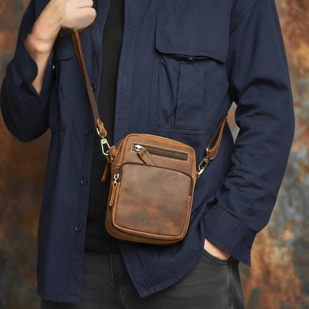 Genuine Leather Men's Crossbody Bag, Vintage Small Shoulder Satchel, Cowhide Phone Messenger Bag