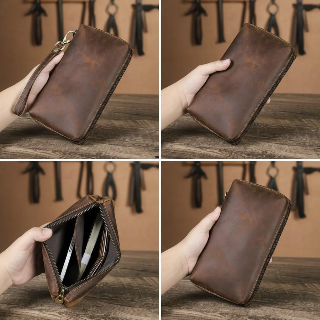 Genuine Leather Clutch Wallet for Men – Crazy Horse Brown Zipper Long Wallet with Card Slots & Wrist Strap