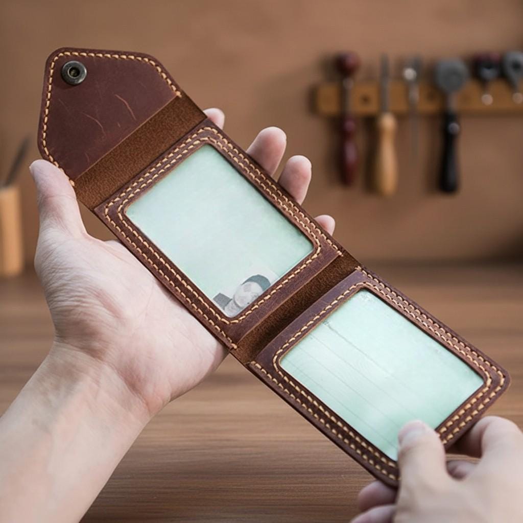 Leather Card Holder Wallet – Handmade Genuine Cowhide ID & Credit Card Case with Snap Closure, Slim Unisex Wallet