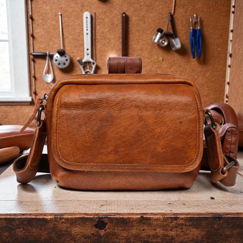 Retro Vegetable Tanned Leather Messenger Bag for Men, Small Vintage Crossbody Shoulder Bag, Compact Commuter Bag