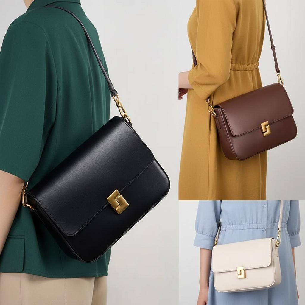 Genuine Leather Shoulder Bag, Cowhide Square Crossbody Purse with Gold Lock