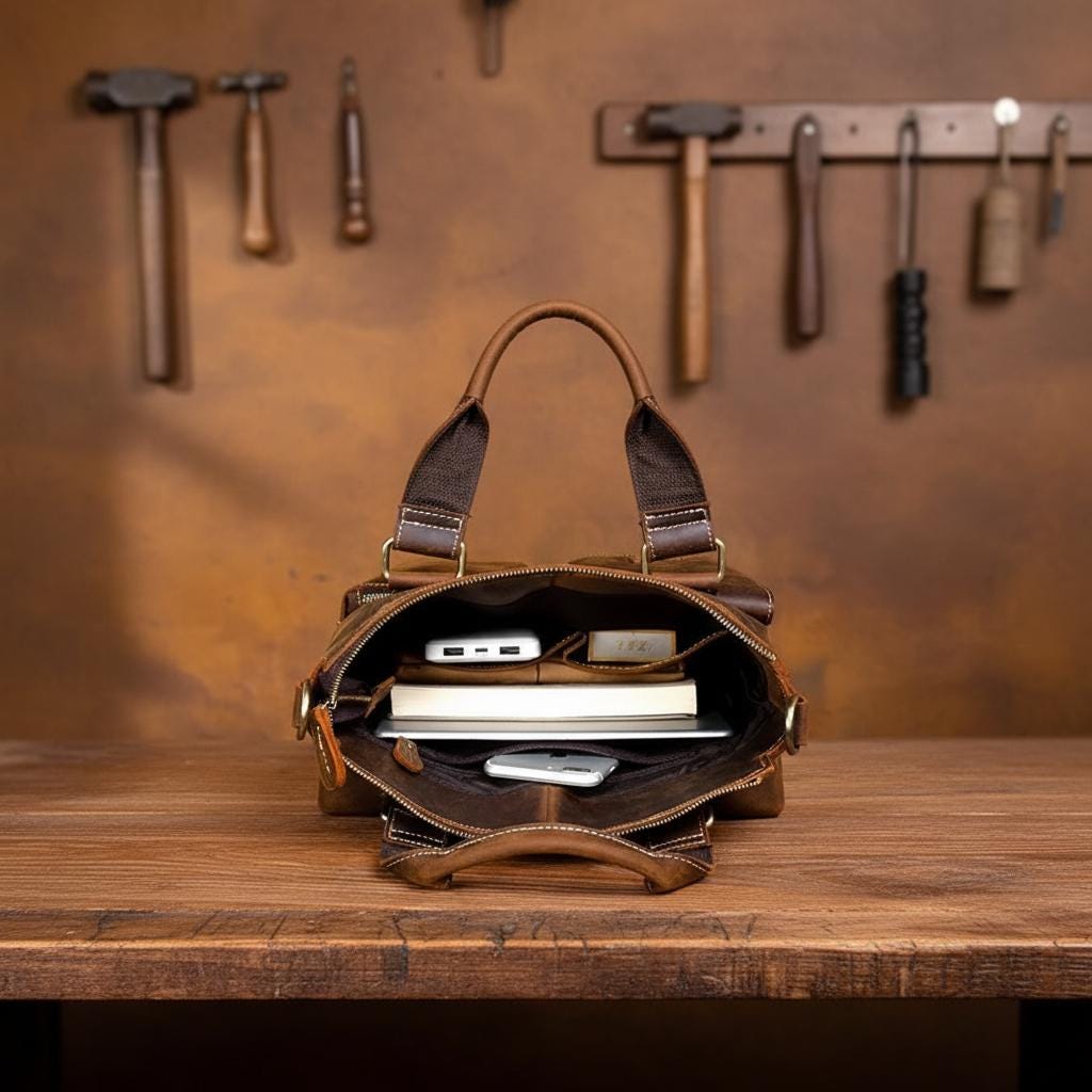 Vintage Crazy Horse Genuine Leather Briefcase for Men, Brown Laptop Shoulder Bag, Handmade Business Crossbody Messenger Bag