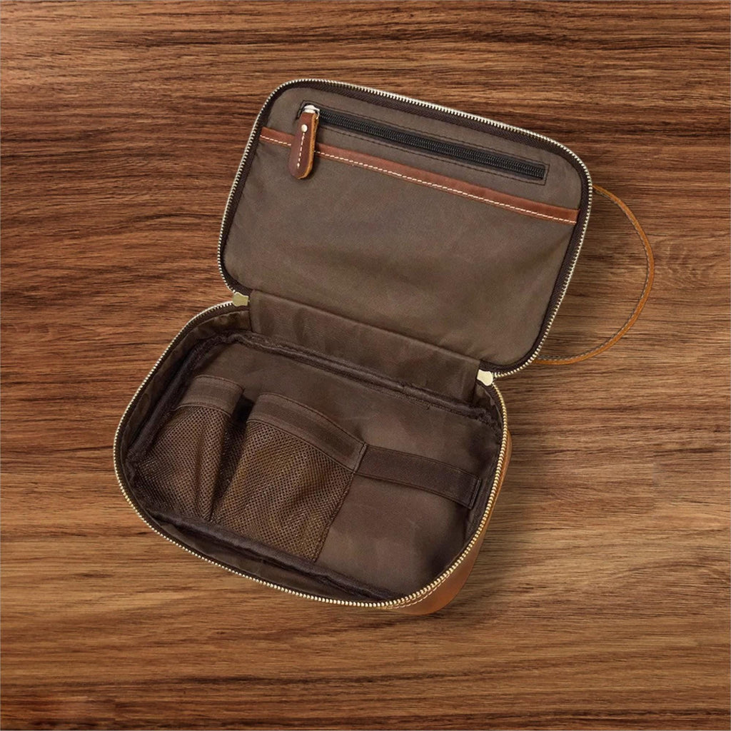 Leather Travel Toiletry Bag – Genuine Cowhide Dopp Kit, Vintage Makeup Organizer, Small Leather Travel Case for Men & Women
