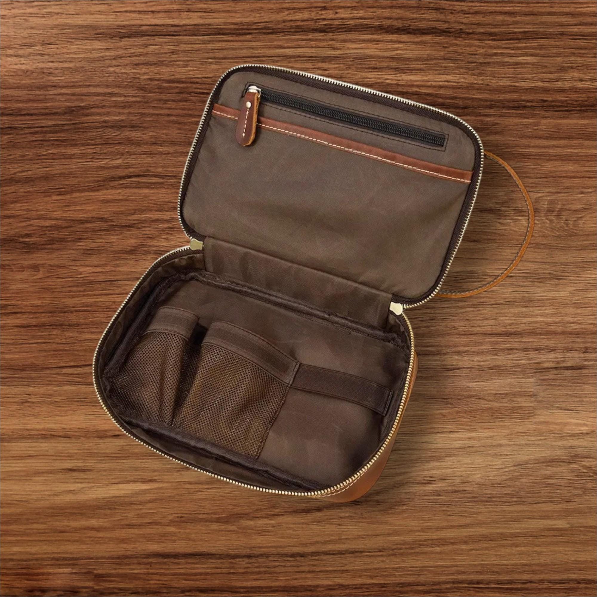 Leather Travel Toiletry Bag – Genuine Cowhide Dopp Kit, Vintage Makeup Organizer, Small Leather Travel Case for Men & Women