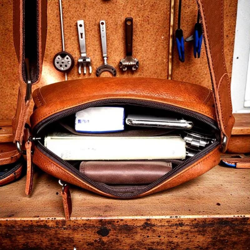 Retro Vegetable Tanned Leather Messenger Bag for Men, Small Vintage Crossbody Shoulder Bag, Compact Commuter Bag