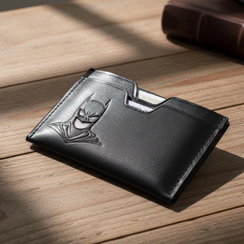 Slim Genuine Leather Card Holder Wallet for Men – Superhero Embossed Front Pocket Minimalist Mini Wallet, Full Grain Leather